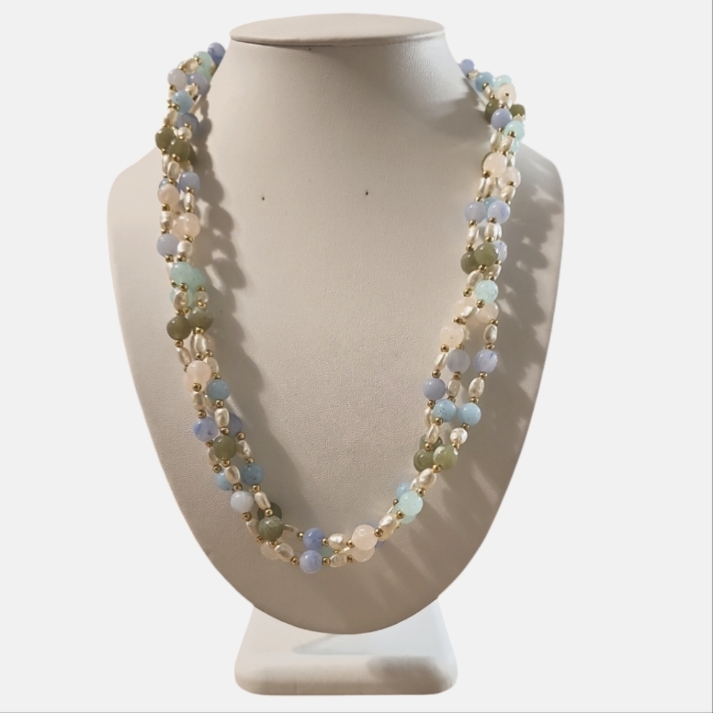 Vintage Multi Color Bead Necklace, Triple Strand Faux Pearl and Beads